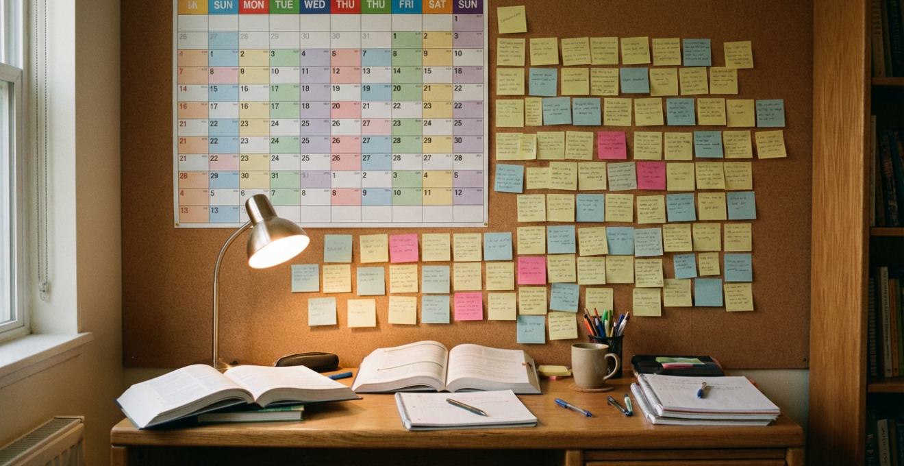 Espace de travail organisé avec planning de préparation PASS visible