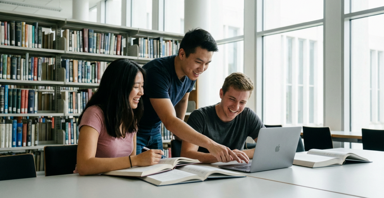 Étudiants travaillant ensemble en bibliothèque universitaire pour préparer le PASS