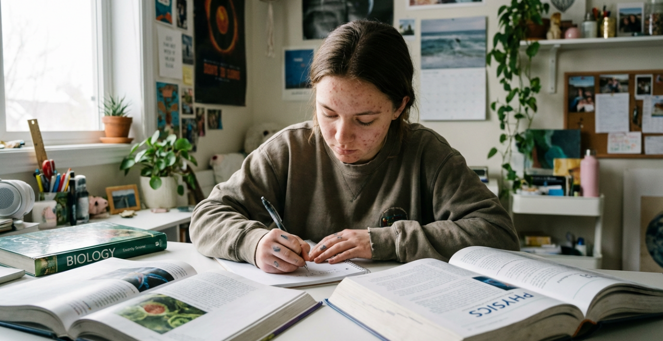 Lycéenne préparant le PASS concentrée sur ses révisions à son bureau